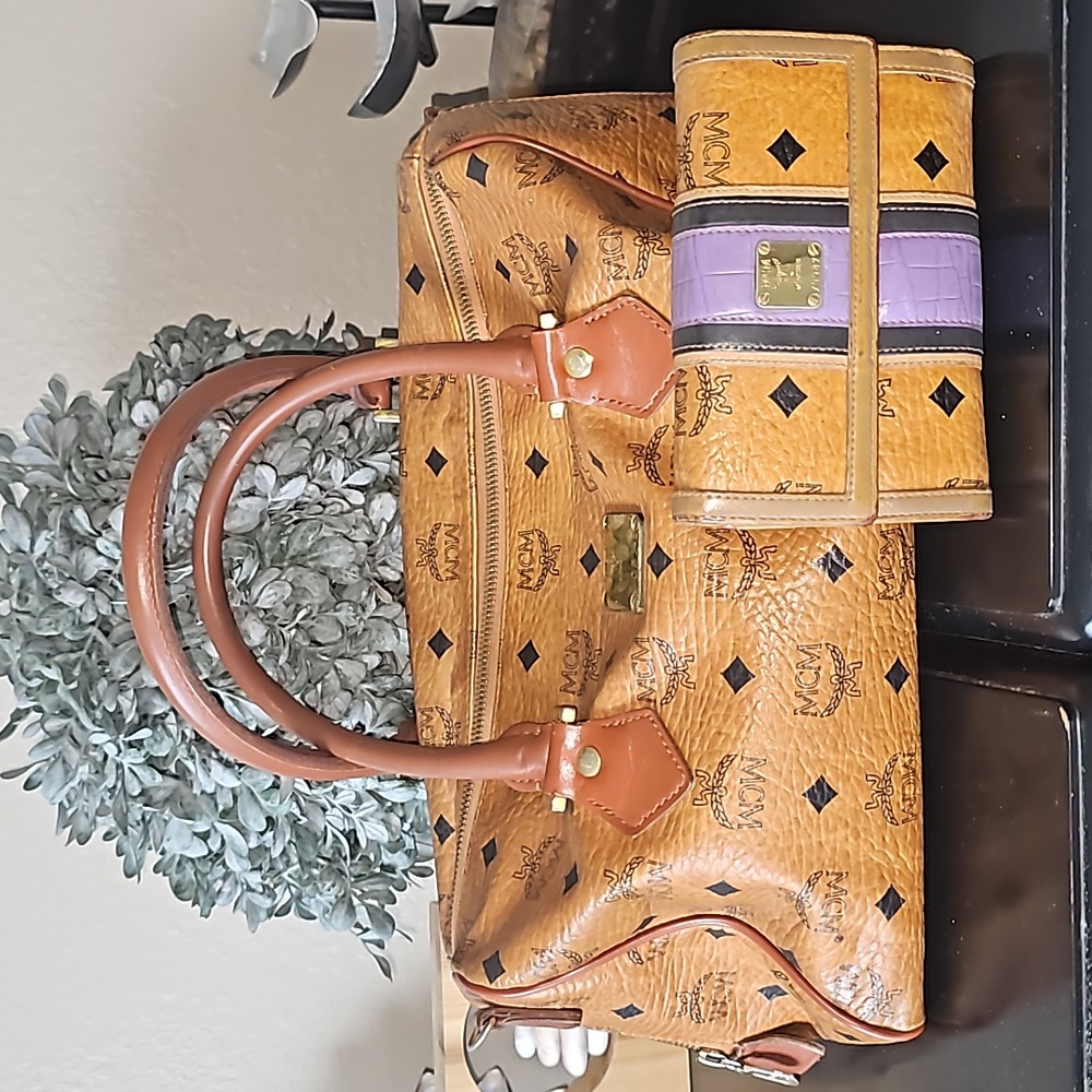 EUC MCM Visetos Boston Bag with Matching Visetos Wallet.